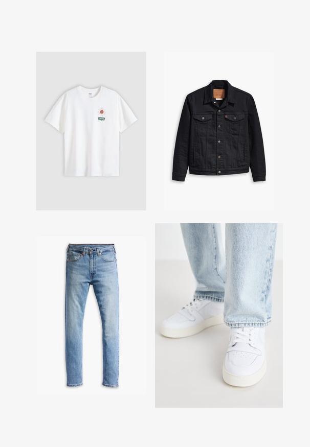 Sort denimjakke med klassisk krave-design, knaplukning foran, to brystlommer, detaljeret syning og et lædermærke.; Hvid bomulds T-shirt med korte ærmer. Har et grafisk motiv af en sol og "Levi's" logoet i grøn, placeret på venstre brystområde.; Lyseblå denimjeans med lige snit, fem lommer, knaplukning og subtil falming over stoffet.; Hvide læder lav-top sneakers med perforerede tå, flade snørebånd og minimalistisk design. Kombineret med lyseblå denim jeans.
