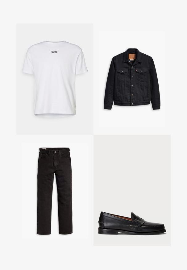 Zwarte denimjas met een klassiek kraagontwerp, knopen sluiting aan de voorkant, twee borstzakken, gedetailleerde stiksels en een leren merkpatch.; Witte katoen T-shirt met korte mouwen, voorzien van een ronde halslijn en het "GCDS" logo in het zwart op de achterkant. Eenvoudig, ongecompliceerd ontwerp.; Zwarte recht gesneden denim jeans met vijf zakken, knoopsluiting en riemlussen, plat gelegd op een witte achtergrond.; Zwarte leren instapper met een ronde neus, gestikte details en een decoratieve band aan de voorkant. Platte zool met een minimaal profiel.