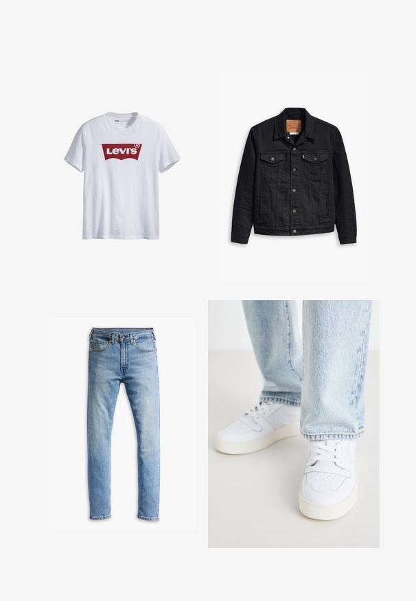 Czarna kurtka dżinsowa z klasycznym kołnierzykiem, zapięciem na guziki, dwiema kieszeniami na piersi, szczegółowym szyciem oraz skórzaną metką z logo.; Biała bawełniana koszulka z krótkim rękawem, z dużym czerwonym logo Levi's umieszczonym na środku klatki piersiowej; okrągły dekolt.; Jasnoniebieskie dżinsy o prostym kroju, pięć kieszeni, zapięcie na guzik i delikatne przetarcia na materiale.; Białe skórzane sneakersy niskie z perforowanym noskiem, płaskimi sznurowadłami i minimalistycznym designem. Połączone z jasnoniebieskimi dżinsami.
