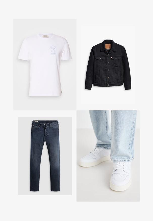 Čierna denimová bunda s klasickým golierom, predným zapínaním na gombíky, dvoma náprsníkovými vreckami, detailným prešívaním a koženou značkovou nášivkou.; Biela bavlnená tričko s krátkymi rukávmi a okrúhlym výstrihom. Obsahuje svetlomodrú grafiku pláže na ľavej strane hrudníka.; Tmavomodré denimové džínsy so strihom rovného nohavice, s obojsmerným zipsom, kovovými gombíkmi a medenými nitmi. Hladký povrch, bez viditeľných vzorov.; Biele kožené nízke tenisky s perforovanou špičkou, plochými šnúrkami a minimalistickým dizajnom. Skombinované s svetlomodrými džínsami.