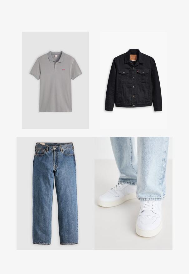 Černá džínová bunda s klasickým límečkovým designem, zapínáním na knoflíky vpředu, dvěma náprsními kapsami, podrobným prošíváním a koženou značkovou nášivkou.; Šedé polo tričko vyrobené z bavlněného směsového materiálu, s dvoubotkovou légou, žebrovaným límečkem a manžetami, s malým červeným logem Levi's na prsou.; Modré denimové džínsy s rovním střihem, vysokým pasem, měděnými nýty a oranžovým prošíváním. Obsahují přední a zadní kapsy.; Bílé kožené tenisky nízkého střihu s perforovaným špičkou, plochými tkaničkami a minimalistickým designem. Spárovány s světle modrými denimovými džíny.