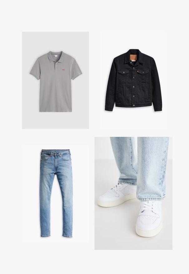 Fekete farmerdzseki klasszikus galléros kialakítással, gombos elülső zárással, két mellzsebbel, részletes varrással és bőr márkajelzéssel.; Szürke póló felső, pamut keverékből készült, két gombos nyakrésszel, bordázott gallérral és mandzsettával, a mellkasán egy kis piros Levi's logóval.; Világoskék farmernadrág egyenes szabásban, öt zsebbel, gombos záródással és finom kopással az anyagon.; Fehér bőr alacsony szárú sportcipők perforált orral, lapos fűzőkkel és minimalista kialakítással. Világoskék farmernadrággal párosítva.