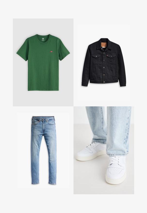 Fekete farmerdzseki klasszikus galléros kialakítással, gombos elülső zárással, két mellzsebbel, részletes varrással és bőr márkajelzéssel.; Zöld pamut póló kerek nyakkal, rövid ujjakkal, és egy kis piros Levi's logóval a bal mellen. Puha tapintású, normál fazonú.; Világoskék farmernadrág egyenes szabásban, öt zsebbel, gombos záródással és finom kopással az anyagon.; Fehér bőr alacsony szárú sportcipők perforált orral, lapos fűzőkkel és minimalista kialakítással. Világoskék farmernadrággal párosítva.