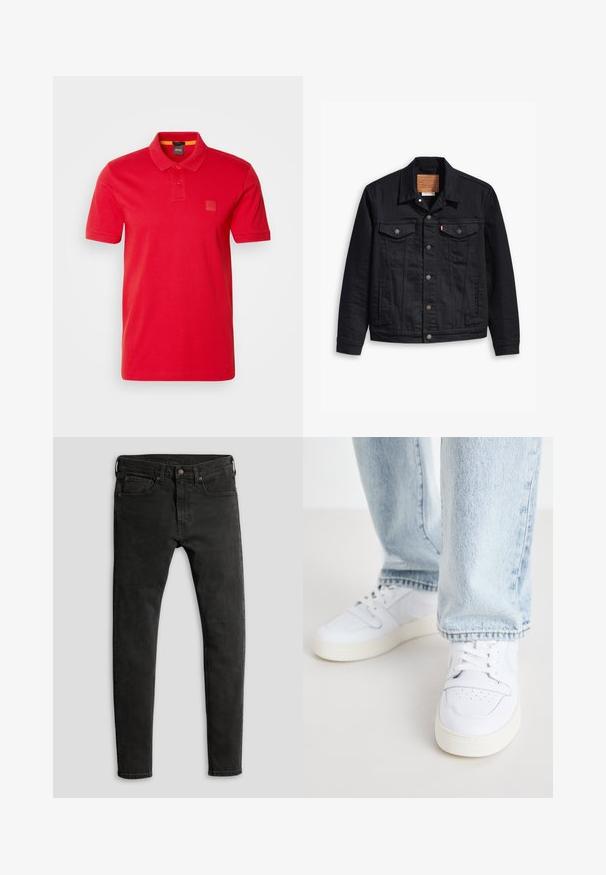 Svart denimjacka med klassisk krage, knappstängning fram, två bröstfickor, detaljerad sömnad och en läderlogg.; BOSS PASSENGER - Piké - medium red; Smala svarta denimjeans med matt yta, fem fickor och klassisk stängning med knapp och dragkedja.; Vita lädersneakers i låg modell med perforerat tåparti, platta snörningar och minimalistisk design. I kombination med ljusblå denimjeans.