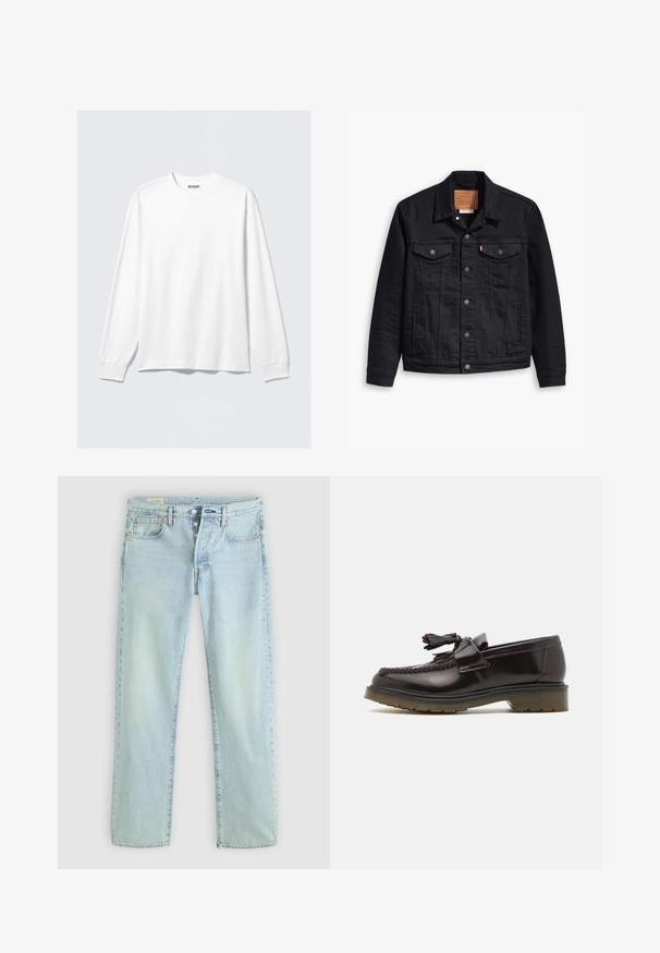 Schwarze Denimjacke mit klassischem Kragendesign, Knopfleiste, zwei Brusttaschen, detaillierter Stickerei und einem Leder-Logo-Patch.; Weißes Langarmshirt mit Rundhalsausschnitt, gerippten Bündchen und einem kleinen Markenetikett "WEEKDAY" im Nacken.; Helle blaue Denim-Jeans mit geradem Schnitt, fünf Taschen, Knopfverschluss und dezentem Verblassen. Mit Steppdetails und Kupfennieten.; Braune Lederloafers mit einem geflochtenen Design, Quasten-Detail und einer flachen Gummisohle. Sie verfügen über eine glatte Oberfläche und kontrastierende Nähte.