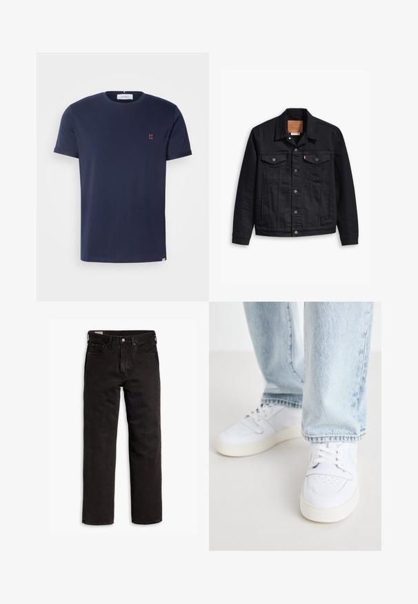 Fekete farmerdzseki klasszikus galléros kialakítással, gombos elülső zárással, két mellzsebbel, részletes varrással és bőr márkajelzéssel.; Sötétkék, rövid ujjú póló, puha pamutból készült, kerek nyakkivágással és egy kis narancssárga "II" hímzéssel a mellkason.; Fekete egyenes szárú farmernadrág öt zsebbel, gombos záródással és övhurkokkal, fehér háttéren elhelyezve.; Fehér bőr alacsony szárú sportcipők perforált orral, lapos fűzőkkel és minimalista kialakítással. Világoskék farmernadrággal párosítva.