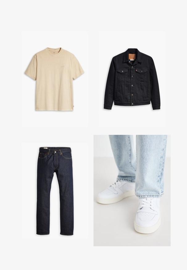 Mustmustükiga musta teksajaki klassikaline kaelus, nööpidega esikinnis, kaks rinna taskut, detailne õmblus ja nahkbrandiga silt.; Beige puuvillane T-särk ümmarguse kaeluse ja lühikeste varrukatega. Rinnal on peene "Levi's" logo samas värvis. Pehme tekstuur.; Tumed sinised teksad, sirge jalaga disainiga, oranži õmblustega ja viie taskuga, metallist nööbiga kinnitatud.; Valged nahast madala profiiliga spordijalatsid, millel on perforatsiooniga varvas, lame paelad ja minimalistlik disain. Koos helesiniste teksadega.