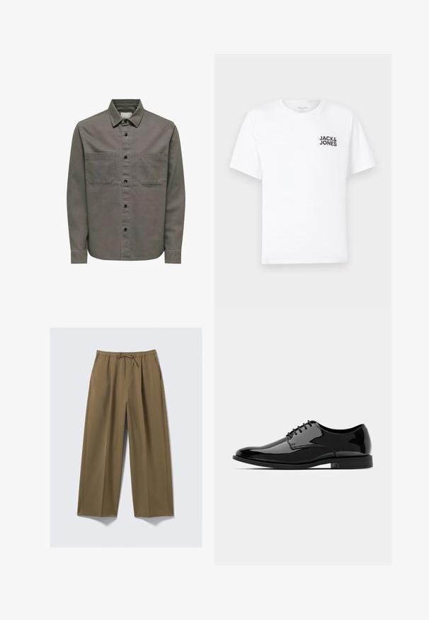 Gray button-up shirt made of cotton with a collar, two chest pockets, and long sleeves featuring buttoned cuffs.; White cotton t-shirt, short sleeves, crew neck. Features black text logo "JACK & JONES" on the left chest area. Simple, plain design.; Wide-leg trousers in olive green, made from soft fabric with an elastic waistband and adjustable drawstring. Features two side pockets.; Black patent leather dress shoe with a rounded toe, lace-up design, and smooth, shiny surface. Features a low-profile rubber sole.
