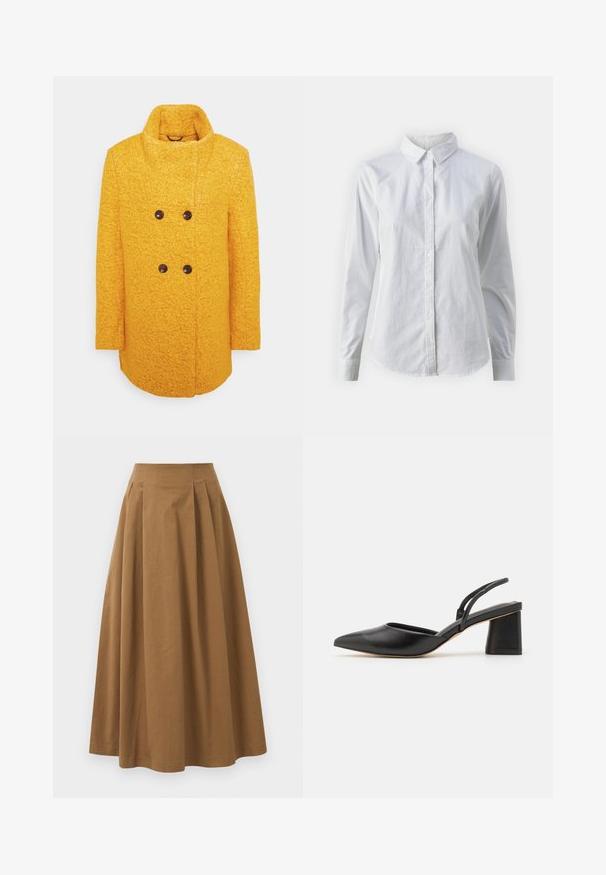 Gul ullkåpe med en teksturert overflate, dobbeltbrettet design, høy krage og brune knapper, med sidelommer.; Hvit skjorte med knapper laget av glatt bomull, med klassisk krage, lange ermer og buet skjær. Knapper er små og hvite.; Brun bomull A-linje skjørt med høy midje, med folder foran og en jevn tekstur. Kantene er rene og enkle.; Sorte spisse slingback-sko laget av glatt lær, med lav blokkhelt og tynne stropper bak for sikker passform.