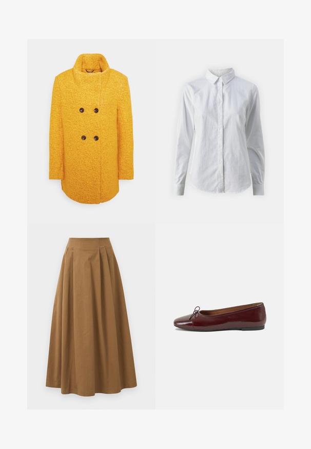 Geel wollen jas met een gestructureerde afwerking, dubbelgeknoopt ontwerp, hoge kraag en bruine knopen, voorzien van zijnaadzakken.; Witte overhemd met knopen van glad katoen, met een klassieke kraag, lange mouwen en een afgeronde zoom. De knopen zijn klein en wit.; Bruine katoen A-lijn rok met een hoge taille, voorzien van plooien aan de voorkant en een gladde textuur. De zoomafwerking is schoon en eenvoudig.; Bordeaux gepatenteerd lederen ballerina met een ronde neus, een klein strikaccent aan de voorkant en een lage, zwarte rubberen zool. Glad textuur.