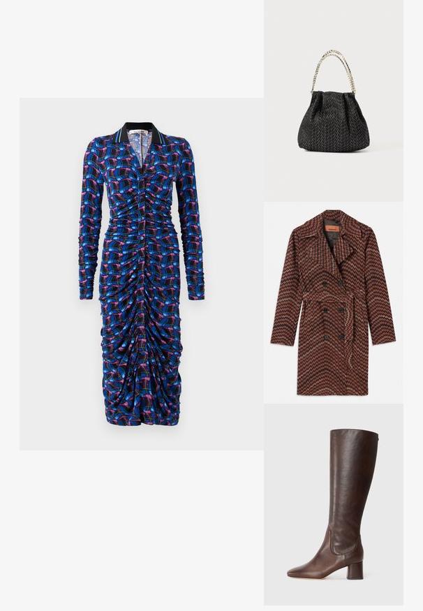 Dvigubos krūtinės paltas su zigzago raštu rudos, juodos ir aukso spalvų. Pagamintas iš tekstūruotos medžiagos, su įpjovos kraštu ir diržu.; Ilga rankovė suknelė daugiakampio spalvoto rašto, su susiraukšlėjimu per kūną, apykakle ir mygtukų užsegimu.; Casadei EMILY - Batai - brown; Juodas tekstūruotas rankinukas su zigzago raštu, supintomis detalių ir metaline grandinės rankena. Minkšta medžiaga suteikia elegantišką išvaizdą.