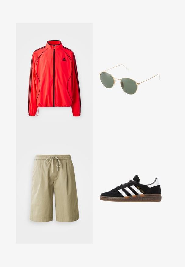 Red athletic jacket with a high collar, full zipper, black accents, and side pockets. Features elasticized cuffs and a lightweight design.; White cotton t-shirt with a crew neckline, short sleeves, and a relaxed fit. Features plain design without patterns or accents.; Beige cotton shorts with an elastic waistband and drawstring. Features side pockets and a relaxed, straight-cut design.; Black Adidas sneaker with white stripes, gold "Spezial" text, gum sole, and white heel tab, shown in profile view.; Gold metal frame sunglasses with green lenses, round shape, thin temples, and white plastic accents on the tips of the arms.