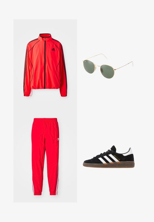 Rode sportjack met hoge kraag, volledige rits, zwarte accenten en zijzakken. Voorzien van elastische boorden en een lichtgewicht ontwerp.; Witte katoenen t-shirt met een ronde hals, korte mouwen en een relaxte pasvorm. Heeft een eenvoudig ontwerp zonder patronen of accenten.; Rode sportieve broek met een elastische tailleband, witte gestreepte accenten aan de zijkanten en een klein wit logo op de linker dij.; Zwarte Adidas sneaker met witte strepen, gouden "Spezial" tekst, gumzool en witte hieltab, weergegeven in zijaanzicht.; Gouden metalen zonnebril met groene lenzen, ronde vorm, dunne pootjes en witte plastic accenten op de uiteinden van de steunen.