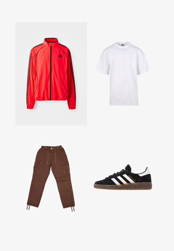 Czerwona sportowa kurtka z wysokim kołnierzem, pełnym zamkiem błyskawicznym, czarnymi akcentami i kieszeniami bocznymi. Posiada elastyczne mankiety i lekką konstrukcję.; Biała bawełniana koszulka z okrągłym dekoltem, krótkimi rękawami i luźnym krojem. Posiada prosty design bez wzorów czy akcentów.; Brązowe spodnie bojówki z elastycznym pasem, dwoma dużymi bocznymi kieszeniami, ściągaczami z troczkami na końcach nogawek i gładką fakturą. Posiadają zapięcie na guzik.; Czarny sneaker Adidas z białymi paskami, złotym napisem "Spezial", gumową podeszwą i białym elementem przy pięcie, przedstawiony w widoku z profilu.