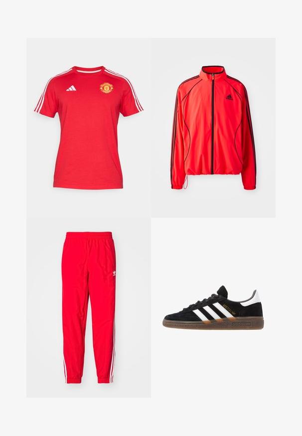 Rød atletisk jakke med høy krage, hel glidelås, svarte detaljer og sidelommer. Har elastiske mansjetter og en lett design.; Rød bomull t-skjorte med korte ermer, har hvite Adidas-striper på skuldrene og Manchester United-logo på brystet.; Røde treningsbukser med elastisk liv, hvite striper på sidene, og en liten hvit logo på venstre lår.; Sorte Adidas sneakers med hvite striper, gull "Spezial" tekst, gummisåle og hvit hælklaff, vist fra profil.