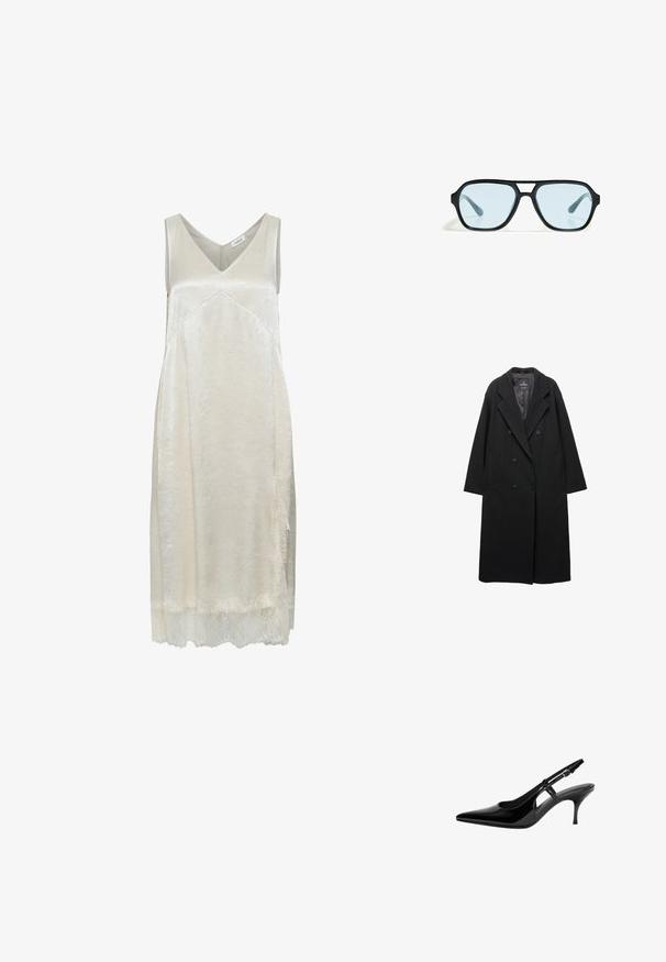 Dvojradový čierny kabát vyrobený z vlneného zmesi. Má veľké výstrihy, bočné vrecká a mierne oversize siluetu.; Světle béžové šaty bez rukávů z hedvábného materiálu, s výstřihem do V, jemnou texturou a delikátní krajkovou lemovkou na spodním okraji.; Čierne lakované lodičky na podpätku so špicatou špičkou, otvorenými bokmi, štíhlým podpätkom a nastaviteľným remienkom okolo členka.; Čierne slnečné okuliare s obdĺžnikovými rámami, modro sfarbenými sklami a charakteristickým dizajnom mostíka. Elegantný povrch, decentná Textúra.; Čierna kožená kabelka s hladkou textúrou, štruktúrovaným dizajnom, dvojitými uchami a strieborným detailom na zapínaní v strede.