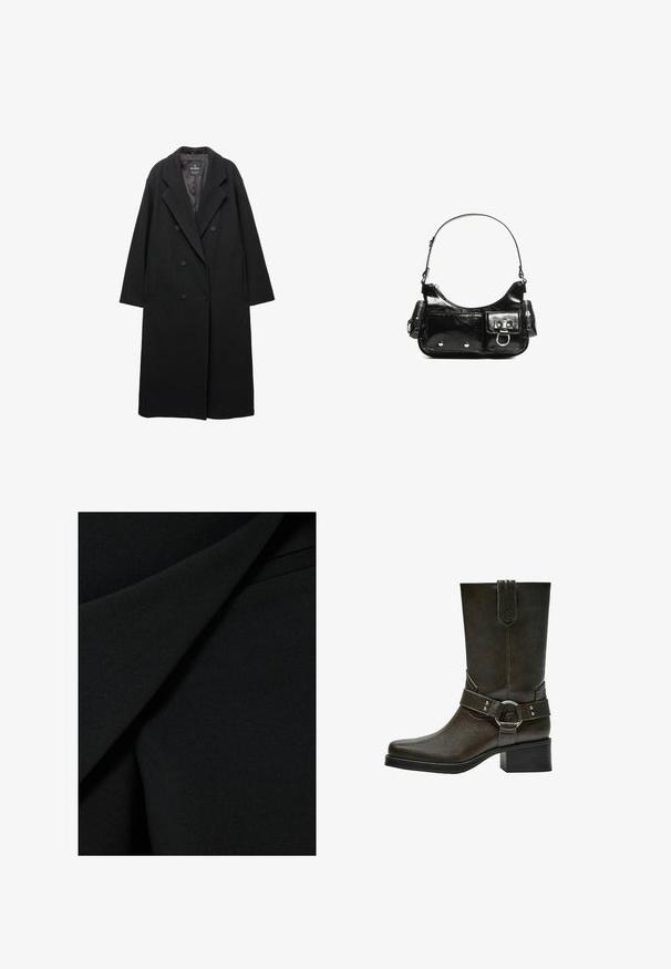 dobbeltbrokede sort frakke lavet af uldblanding. Har store klapkraver, sidelommer og en let oversized silhuet.; Grå langærmet strikket sweater med polstrede skuldre, rund halsudskæring og ribbede manchetter og forneden.; Sort stof med en glat, mat tekstur, der har lagdelte folder og en struktureret design, der skaber et elegant udseende.; Brune læder ankelstøvle med firkantet tå, kort blokhæL, og dekorativ spænde rem med sølvhardware. Glat tekstur, enkelt design.; Sort patenteret læder håndtaske med en buet form, en skulderrem, frontlommer og hardware accenter i sølvfarve.