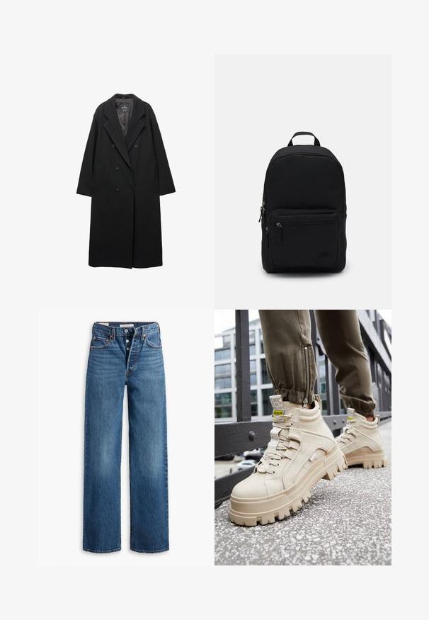 Podwójnie zapinany czarny płaszcz wykonany z mieszanki wełny. Posiada duże klapy, boczne kieszenie oraz lekko oversizową sylwetkę.; Dwie bezrękawnikowe, prążkowane bluzki z golfem w kolorze brązowym i czarnym, prezentowane na jednolitym białym tle.; Niebieskie dżinsy o szerokim kroju, pięć kieszeni, zapięcie na guzik oraz kontrastowe przeszycia. Teksturowany materiał o wyblakłym wykończeniu.; Beżowe sneakersy wysokie z grubą, teksturowaną podeszwą, sznurowanym fasonem i żółtymi akcentami. Teksturowany skórzany wierzch z kontrastującymi szwami.; Czarny plecak wykonany z trwałego materiału, o zaokrąglonym kształcie, z przednią kieszenią na zamek oraz dwoma komorami zasuwanymi na zamek. Mały akcent w postaci logo z przodu.; Srebrne kolczyki w kształcie obręczy z skręconym wzorem, posiadające fakturowaną powierzchnię i bezpieczne zapięcie. Lekkie i lustrzane z gładkim wykończeniem.