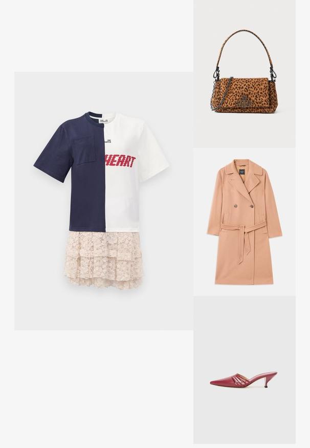 Persikinės spalvos vilnos mišinys paltas, dvigubų sagčių dizainas, su dideliais atvartais, dviem priekinėmis kišenėmis ir derančiu diržu liemens srityje.; Pusė tamsiai mėlyna, pusė balta medvilninė marškinėlių sukišama kišenė, raudonai siuvinėta "ŠIRDIS", sluoksniuota nėrinių sijonas šviesiai smėlio spalvos.; Raudonos odinės mule su smailiais pirštais ir žemu kulnu, su šoninėmis išpjovomis ir lygiu paviršiumi. Elegantiškas ir stilingas dizainas.; Žirafos rašto rankinė, pagaminta iš zomšos, su trumpa rankena, grandinėlės dirželiu ir juodo metalo užsegimu. Stačiakampio formos, su uždėta užsklanda.