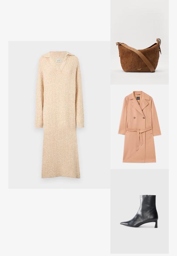Pezsgő színű gyapjú keverék kabát, dupla soros gombolással, nagy hajtókákkal, két elülső zsebbel és illeszkedő övvel a deréknál.; Beige kötött ruha V-nyakkivágással és gallérral, hosszú ujjú, bordás mandzsettával. Puha textúrájú, enyhén textúrázott mintázattal az egész felületen.; Fekete bőr bokacsizma hegyes orral és letisztult dizájnnal. Alacsony sarka és hátsó cipzáras záródása van. Simának tűnő textúra.; Barna velúr válltáska, dombornyomott virágmintával, sima barna bőrpánttal és arany színű fém kiegészítőkkel.