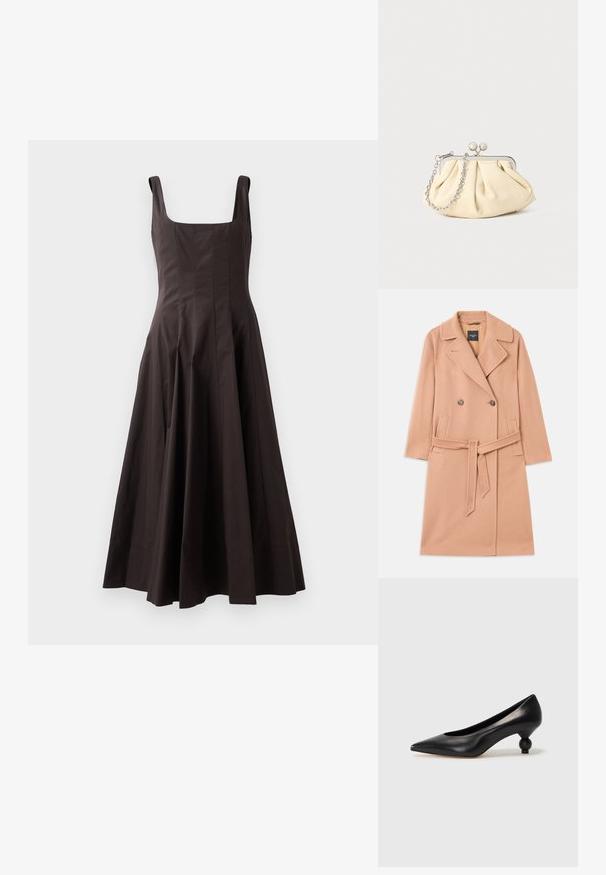 Pezsgő színű gyapjú keverék kabát, dupla soros gombolással, nagy hajtókákkal, két elülső zsebbel és illeszkedő övvel a deréknál.; Barna ujjatlan ruha szögletes dekoltázzsal, testhez simuló felső résszel és bővülő szoknyával. Texturált anyagból készült, tiszta vonalakkal és látható minták nélkül.; Fekete bőr magassarkú cipő, hegyes orral és kerek, gömbölyű sarokkal. Simább textúrával, elegáns, minimalista dizájnnal.; Pleátolt bézs bőr válltáska ezüst fém kerettel, két kerek díszcsattal és ezüst lánc pánttal.