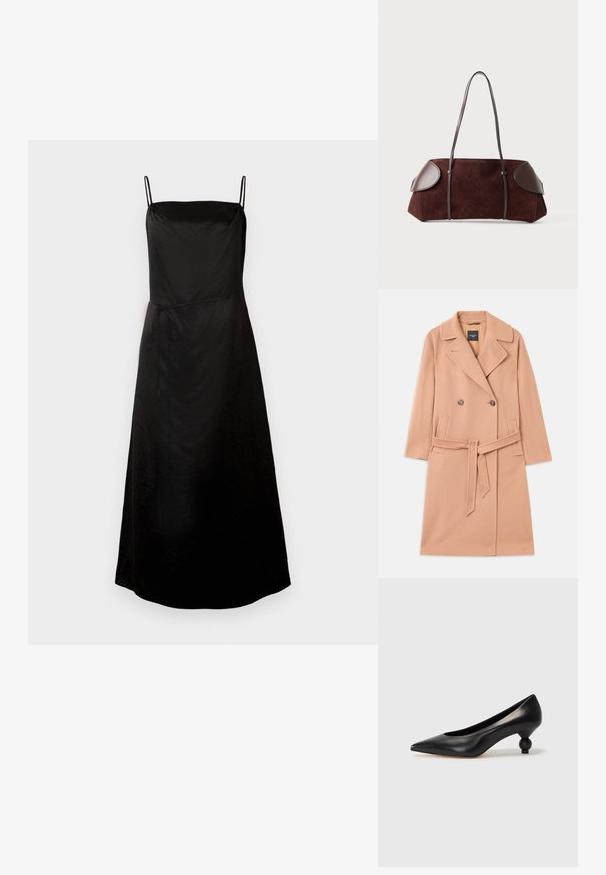 Peach-colored wool blend coat, double-breasted design, with large lapels, two front pockets, and a matching belt at the waist.; Black spaghetti-strap dress with a fluid silhouette, featuring a tie detail at the waist and subtle texture. Mid-length design.; Black leather high heel shoe with a pointed toe and a round, balled heel. Smooth texture with a sleek, minimal design.; Brown suede bag with leather accents, structured shape, dual shoulder straps, and rounded edges, featuring a smooth texture and minimal hardware.