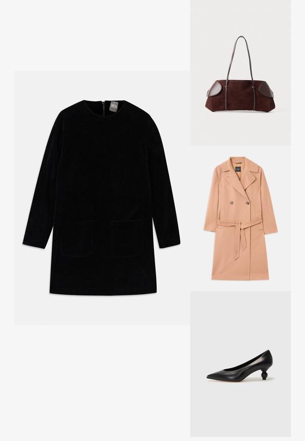 Pfirsichfarbener Wollmischungsmantel, doppelt geknöpftes Design, mit großen Revers, zwei Vorderstaschen und einem passenden Gürtel in der Taille.; Schwarzes Cordkleid mit langen Ärmeln, hohem Kragen und zwei vorderen Taschen. Verfügt über einen rückseitigen Reißverschluss zum Schließen und hat einen strukturierten Stoff.; Schwarze Leder-Pumps mit spitzem Zehenbereich und runder, ballförmiger Ferse. Glatte Textur mit einem eleganten, minimalistischen Design.; Braune Wildledertasche mit Lederakzenten, strukturiertem Design, doppelten Schulterriemen und abgerundeten Kanten, ausgestattet mit einer glatten Textur und minimalem Hardware.