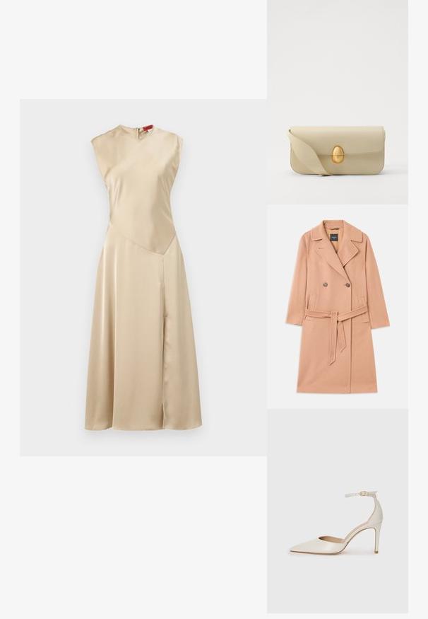 Perzikkleurige wolmix jas, dubbele knopen, met grote revers, twee voorkezen en een bijpassende riem in de taille.; MAX&Co. LEGUME - Jurk - ecru; Witte leren hoge hak schoen met een spitse neus, enkelbandje en een slanke stiletto hiel. Gladde textuur met een subtiele glanzende afwerking.; Beige leren handtas met een gladde textuur, rechthoekige vorm en een gouden ovale sluiting. Beschikt over een lange, verstelbare schouderband.