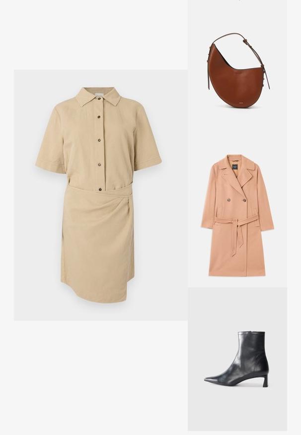 Casaco de mistura de lã em pêssego, design de dupla abertura, com grandes lapelas, dois bolsos frontais e um cinto correspondente na cintura.; Vestido caqui de manga curta com colarinho abotoado, botões frontais, cintura cintada e bainha assimétrica. Tecido de algodão suave.; Bota de tornozelo em pele preta com biqueira apontada e um design elegante. Apresenta um salto baixo e um fecho com zipper na parte de trás. Textura suave.; Bolsa de ombro em couro castanho com formato de meia-lua, alça fina castanha e discretos detalhes em hardware dourado. Apresenta uma textura suave e costura mínima.
