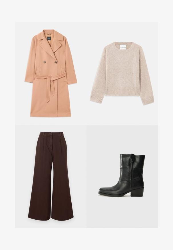 Casaco de mistura de lã em pêssego, design de dupla abertura, com grandes lapelas, dois bolsos frontais e um cinto correspondente na cintura.; Suéter de malha bege com decote redondo e punhos canelados. Apresenta um corte descontraído e uma textura sutil, com a etiqueta "CLOSED".; Calças largas de cintura alta, castanhas, com fecho de botão e zíper, passantes para cinto e pregas frontais.; Bota de tornozelo em couro preto com bico arredondado, salto bloco, fecho lateral e detalhes em costura na parte frontal. Textura suave, design clássico.