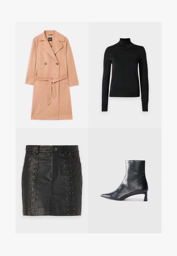 Peach-colored wool blend coat, double-breasted design, with large lapels, two front pockets, and a matching belt at the waist.; Black long-sleeve turtleneck sweater with ribbed cuffs and hem, displayed on a plain white background.; Black leather mini skirt featuring lace-up detailing on the sides with metal eyelets, five-pocket design, and a fitted silhouette.; Black leather ankle boot with a pointed toe and a sleek design. Features a low heel and a zipper closure at the back. Smooth texture.