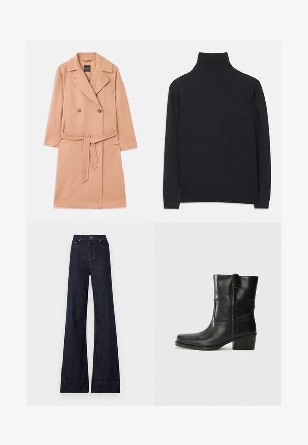 Persikofärgad ylleblandad kappa med dubbelknäppning, stora slag, två framfickor, och ett matchande bälte i midjan.; Svart polotröja i mjukt tyg. Har långa ärmar, hög krage och ribbade ärmar och nederkant för en figurnära look.; Ksubi STRIDER CUFF ORIGINAL - Wide leg - blue denim; Svart läderankelboot med rund tå, blockklack, sidodragkedja och sömmar på ovandelen. Slät textur, klassisk design.