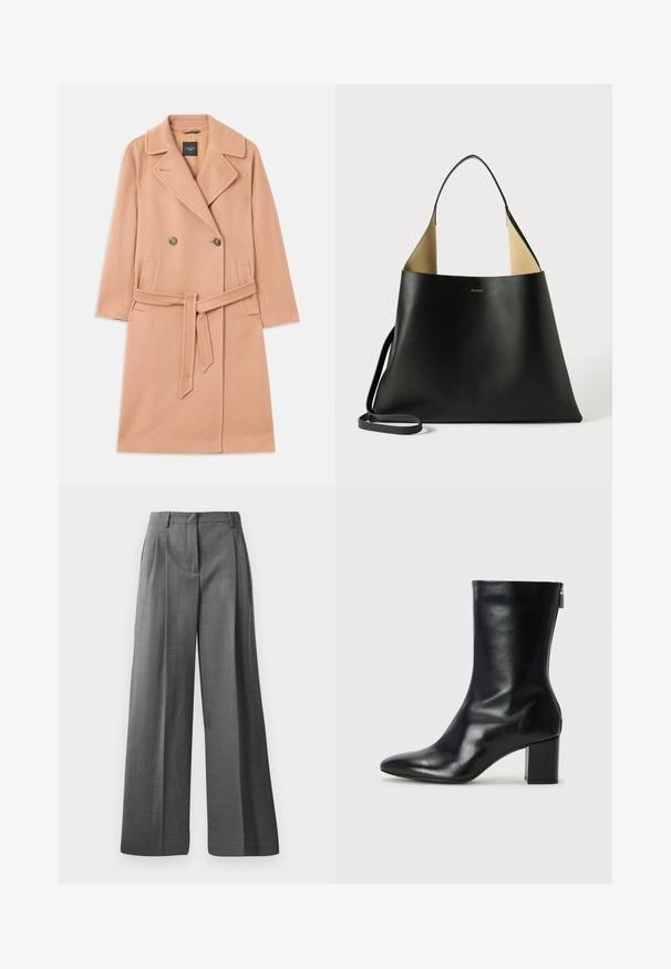 Abrigo de mezcla de lana color durazno, diseño de doble botonadura, con grandes solapas, dos bolsillos frontales y un cinturón a juego en la cintura.; Suéter negro de cuello alto hecho de tejido suave. Presenta mangas largas, un cuello alto y puños y dobladillo acanalados para un ajuste ceñido.; Pantalones grises de pierna ancha hechos de una tela texturizada con un patrón sutil. Presentan pliegues frontales y una cintura con presillas para cinturón.; Bota de cuero negro hasta el tobillo con punta afilada y tacón de bloque de 4 cm. Su diseño elegante incluye una cremallera lateral para facilitar su uso. Textura suave.; Bolso tote de cuero negro con un diseño espacioso y angular. Presenta un interior en contraste en color marrón claro y una fina correa para el hombro. Marca minimalista exhibida.