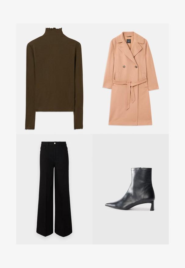 Persikinės spalvos vilnos mišinys paltas, dvigubų sagčių dizainas, su dideliais atvartais, dviem priekinėmis kišenėmis ir derančiu diržu liemens srityje.; Rudas ilgomis rankovėmis, raštuotas trikotažas su aukšta apykakle ir subtiliais lėkštumo krašto apdailos elementais ant apykaklės, rankovių ir apatinio krašto.; Juodi plačiakojai džinsai, pagaminti iš tvirto audinio, su aukštu juosmeniu, priekinėmis kišenėmis ir priekiniais mygtukais. Lygus hem pastatytoje apačioje.; Juodas odinis kulkšninis batas su smailiu pirštu ir elegantišku dizainu. Turi žemą kulną ir užtrauktuką gale. Lygi tekstūra.