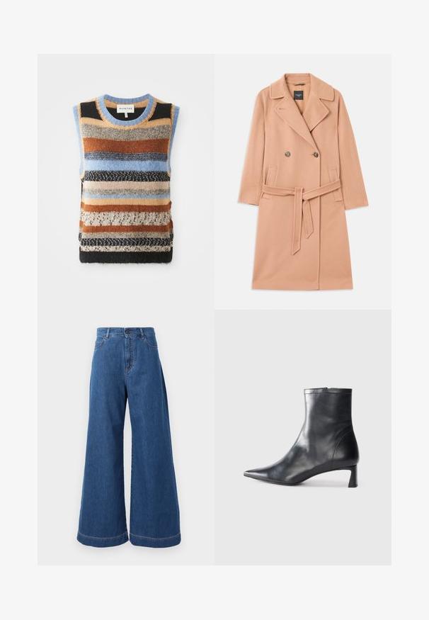 Cappotto in misto lana color pesco, design doppiopetto, con ampi rever, due tasche frontali e una cintura coordinata in vita.; Maglione senza maniche lavorato a maglia con strisce orizzontali multicolori nei toni marroni, blu e crema; sezioni a contrasto con texture e superfici lisce.; Jeans a gamba larga in denim blu medio, con vita alta, tasche frontali e cuciture a contrasto lungo le cuciture e gli orli.; Stivaletto in pelle nera con punta affusolata e design elegante. Presenta un tacco basso e una chiusura con zip sul retro. Texture liscia.
