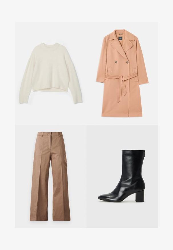 Peedi värvi villane segajope, topelt nööbiga disain, suurte kraedega, kahe esise keskkohaga taskuga ja sobiva vöödiga.; Villane sviiter heles valges, ümarate kaelustega, langevate õlgade ja lühendatud hemiga. Pehme tekstuur ja vaba istuvus.; Pruunid lai jalgadega püksid, mis on valmistatud siledast kangast, esise nööbiga kinnitusega, kahte esist taskut ja puhtaid, vormitud jooni.; Must musta ankle boot teravaid varvastega ja 4 cm plokknõela. Suurepärase disainiga, millel on külgrihm lihtsaks läbi panemiseks. Sile tekstuur.