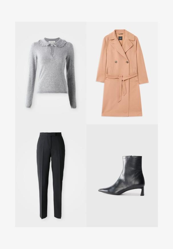 Peach-colored wool blend coat, double-breasted design, with large lapels, two front pockets, and a matching belt at the waist.; Gray knitted sweater with a ruffled collar, long sleeves, and a V-cut neckline. Features a drawstring detail at the collar.; Black tailored straight-leg trousers with high waist and front creases, displayed on a plain light background.; Black leather ankle boot with a pointed toe and a sleek design. Features a low heel and a zipper closure at the back. Smooth texture.