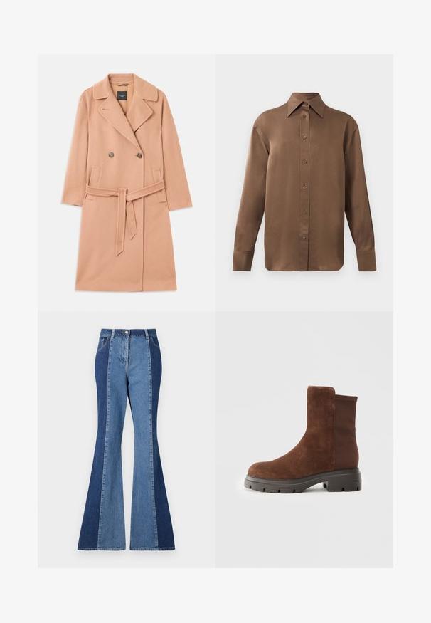 Plašč iz mešanice volne breskove barve, z dvorednim zapiranjem, velikimi ovratniki, dvema sprednjima žepoma in usklajeno pasovno zaponko.; Rjav dolg rokav s srajco s gumbi in koničastimi ovratniki in manšetami, prikazana na enostavni beli podlagi.; Rozširjeni kavbojke z dvobarvnim dizajnom, ki vključuje temno in svetlo modre jeans panele, sprednjo zaponko na gumb in klasičen slog žepov.; Rjave antilopne gležnjarje z elastičnimi stranskimi paneli, zaobljenim nosom in debelim gumijastim podplatom, ki ima teksturiran vzorec.