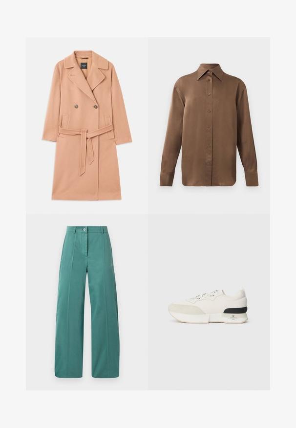 Manteau en mélange de laine couleur pêche, design double boutonnage, avec de grands revers, deux poches avant et une ceinture assortie à la taille.; Chemise marron à manches longues avec un col et des poignets pointus, présentée sur un fond blanc uni.; Pantalons larges en tissu teal doux, avec une fermeture à bouton à l'avant, des plis marqués et une texture lisse. Design ajusté avec des accents minimaux.; Baskets blanches avec un capuchon en suède texturé, un upper en mesh lisse, des lacets décoratifs, et un accent de talon en caoutchouc noir.