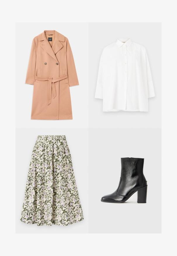 Pfirsichfarbener Wollmischungsmantel, doppelt geknöpftes Design, mit großen Revers, zwei Vorderstaschen und einem passenden Gürtel in der Taille.; Weißes Button-Down-Hemd mit klassischem Kragen, langen Ärmeln und lockerer Passform. Glattes Baumwollmaterial ohne sichtbare Muster oder Akzente.; Blumiger Rock mit einem cremefarbenen Hintergrund, grünen Blättern und lila Blumen. Elastischer Bund, gefaltetes Design und leichtes Material.; Schwarze Leder-Stiefelette mit glatter Textur, spitzem Fuß und klobigem hohen Absatz. Verfügt über eine seitliche Öffnung und ein minimalistisches Design.