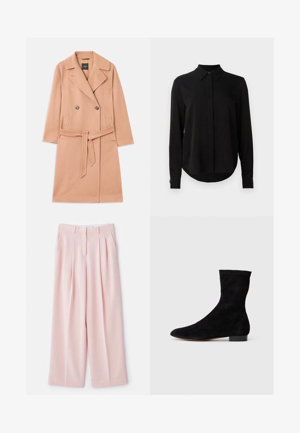 Persikkavärinen villasekoite takki, kaksirivinen malli, jossa on suuret kaulukset, kaksi etutaskua ja yhdistevyö vyötäröllä.; Mustat pitkähihaiset puserot, joissa on terävä kaulus, piilotettu nappilista ja kaareva helma yksinkertaista valkoista taustaa vasten.; Vaaleanpunaiset leveälahkeiset housut, joissa on etuintarsiat, muotoiltu vyötärö ja sileä kangaspinta. Sisältää kaksi sivutaskua.; Mustang-mustaviinan nilkkuri, jossa on tiukka varsi, terävä kärki ja matala lohkoiltu korko. Sileä pinta ja minimalistinen muotoilu, sopii monenlaiseen tyyliin.