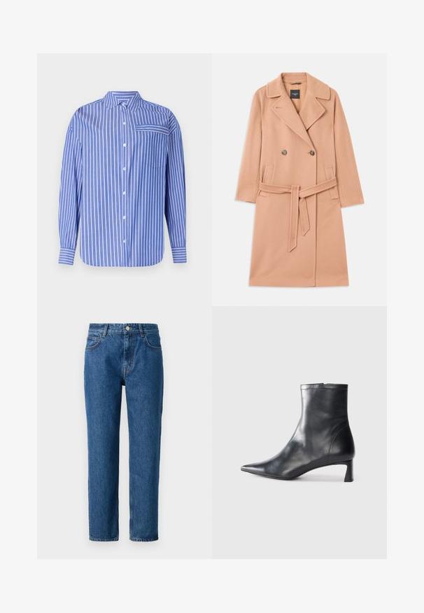 Kabát z vlněné směsi v broskvové barvě, dvouřadý design s velkými klopami, dvěma předními kapsami a odpovídajícím páskem v pase.; Modrá a bílá pruhovaná košile na knoflíky s límcem, dlouhými rukávy, přední kapsou a mírně zaobleným spodním okrajem. Vyrobena z měkké tkaniny.; Modré denimové džíny s rovnýms střihem, s knoflíkovým zapínáním, poutky na pásek a předními kapsami. Vyrobeny z texturované bavlny.; Černé kožené kotníkové boty s špičatou špičkou a elegantním designem. Mají nízký podpatek a zipové zapínání na zadní straně. Hladká textura.