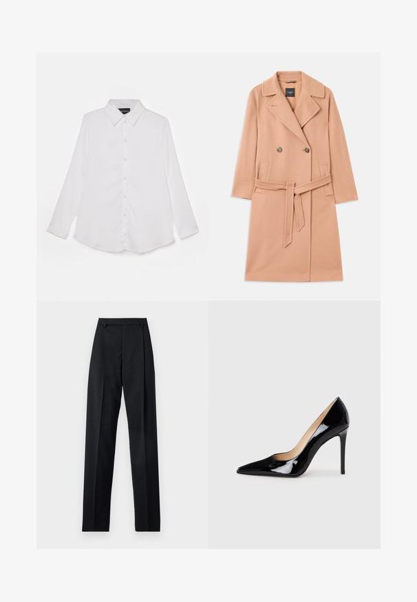 Pfirsichfarbener Wollmischungsmantel, doppelt geknöpftes Design, mit großen Revers, zwei Vorderstaschen und einem passenden Gürtel in der Taille.; Weißes Langarmshirt mit Knopfleiste, klassischem Kragen, glatter Textur, abgerundem Saum und dezentem Glanz.; Schwarze Hosen aus glattem Stoff mit hoher Taille, weitem Bein, vorderen Falten und klassischen Gürtelschlaufen. Keine sichtbaren Seitentaschen.; Schwarze Lackleder-Pumps mit High Heels und spitzem Design sowie einer eleganten Silhouette. Verfügt über eine glatte, glänzende Oberfläche und einen schlanken Stiletto-Absatz.