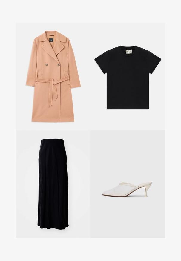 Perzikkleurige wolmix jas, dubbele knopen, met grote revers, twee voorkezen en een bijpassende riem in de taille.; Zwarte t-shirt met korte mouwen en ronde hals met een wit label binnen in de kraag, waarop "D.R.C. EST. 2002" staat, tegen een witte achtergrond.; Zwarte maxiskirt van zachte stof; heeft een rechte silhouet, een gladde textuur en een licht uitlopende zoom.; Witte mesh puntige muiltjes met een slanke hak van middelgrote hoogte en een slip-on ontwerp, tegen een effen achtergrond.