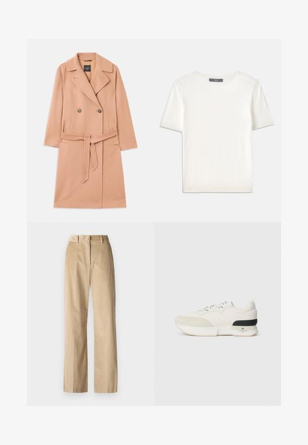 Persikinės spalvos vilnos mišinys paltas, dvigubų sagčių dizainas, su dideliais atvartais, dviem priekinėmis kišenėmis ir derančiu diržu liemens srityje.; Baltas trumpas rankovėmis megztinis su apvaliu kaklu, pasižymintis lygia tekstūra ir subtiliais raštuotais akcentais rankovėse bei apykaulyje.; WEEKEND MaxMara TANIA - Kelnės - beige; Balti sportiniai bateliai su tekstūruotu zomšiniu priekiu, sklandžiu tinkliniu viršumi, dekoratyviomis raištelėmis ir juodu guminiu kulno akcentu.