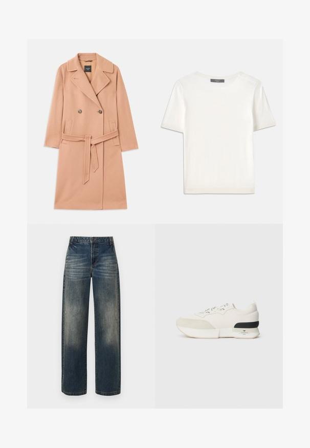 Kabát z vlněné směsi v broskvové barvě, dvouřadý design s velkými klopami, dvěma předními kapsami a odpovídajícím páskem v pase.; Bílý pletený top s krátkým rukávem a kulatým výstřihem, s hladkou strukturou a jemnými ribovými akcenty na rukávech a lemu.; Džínové kalhoty s širokými nohavicemi v zesvětleném modrém odstínu. Těžký materiál s kontrastním prošíváním a logem na pase.; Bílé tenisky s texturovanou semišovou špičkou, hladkým síťovaným svrškem, ozdobnými tkaničkami a černým gumovým akcentem na patě.