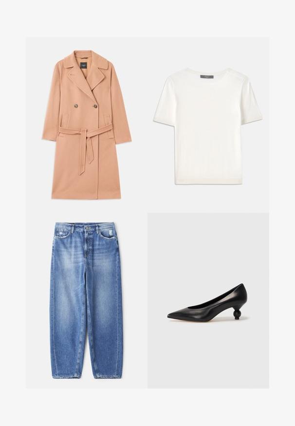 Persikinės spalvos vilnos mišinys paltas, dvigubų sagčių dizainas, su dideliais atvartais, dviem priekinėmis kišenėmis ir derančiu diržu liemens srityje.; Baltas trumpas rankovėmis megztinis su apvaliu kaklu, pasižymintis lygia tekstūra ir subtiliais raštuotais akcentais rankovėse bei apykaulyje.; Aukštos juosmens mėlyni džinsai pagaminti iš denimo, su laisvu siluetu, nupjauta apačia ir subtiliais dėvėjimosi ženklais, turintys du priekiniai kišenės ir metalinį mygtuką su užsegimu.; Juoda odinė aukštakulnė bateliai su smailiu pirštu ir apvaliu, iškiliu kulnu. Lygus paviršius su elegantišku, minimalistiniu dizainu.