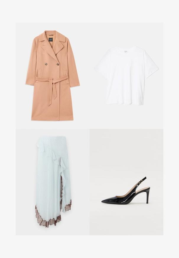 Kaput s odlomkom breskve, izrađen od vune, dvostruko zakopčavanje, s velikim reverima, dva prednja džepa i odgovarajućim remenom u struku.; Bijela pamučna majica s kratkim rukavima, okruglim izrezom, opuštenim krojem i šivenim rubom. Etiketa je vidljiva na unutarnjoj strani vrata.; Svijetloplavi omotani suknja s vertikalnim bijelim prugama, s volanastim rubom i složenim smešnim čipkastim detaljem na rubu.; Crne lakirane slingback cipele s oštrim vrhom, uskim potpeticama i suptilnim izrezom. Sadrže zlatnu kopču na traku.