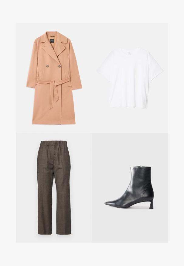 Pfirsichfarbener Wollmischungsmantel, doppelt geknöpftes Design, mit großen Revers, zwei Vorderstaschen und einem passenden Gürtel in der Taille.; Weißes Baumwoll-T-Shirt mit kurzen Ärmeln, runder Halslinie, lockerer Passform und genähtem Saum. Etikett sichtbar am inneren Kragen.; WEEKEND MaxMara HATELEY - Stoffhose - marrone scuro; Schwarze Lederstiefelette mit spitzer Zehe und schlankem Design. Verfügt über einen niedrigen Absatz und einen Reißverschluss hinten. Glatte Textur.
