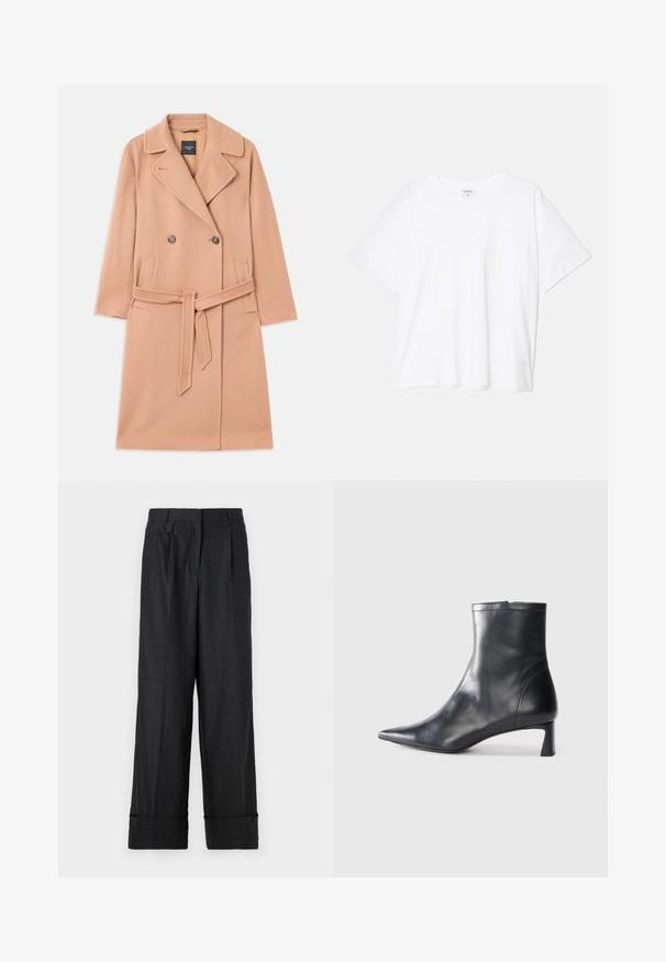 Kabát z vlněné směsi v broskvové barvě, dvouřadý design s velkými klopami, dvěma předními kapsami a odpovídajícím páskem v pase.; Bílý bavlněný tričko s krátkým rukávem, kulatým výstřihem, volným střihem a šitým lemem. Nálepka viditelná na vnitřní straně výstřihu.; Tmavě šedé kalhoty vyrobené z texturované látky, s proužky, rovného střihu a obráceným lemem s záhyby v oblasti pasu.; Černé kožené kotníkové boty s špičatou špičkou a elegantním designem. Mají nízký podpatek a zipové zapínání na zadní straně. Hladká textura.
